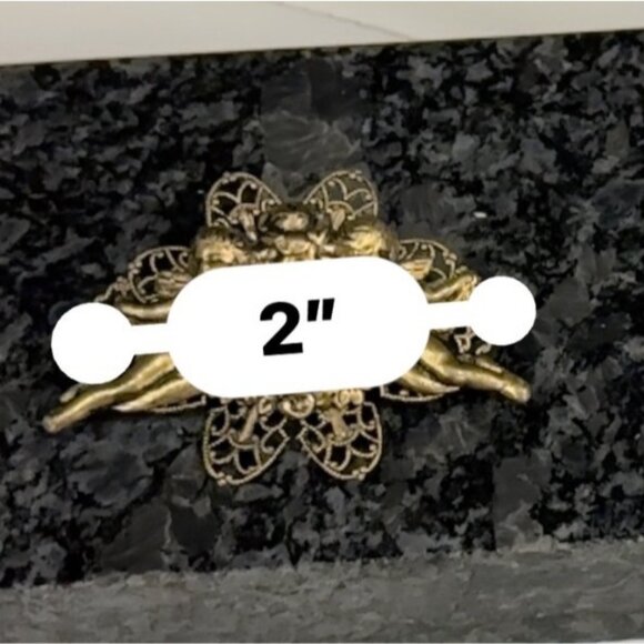 Vintage Gold Tone Cherub Brooch Pin. With Filigree Floral Art Noveau Angels - Picture 12 of 12